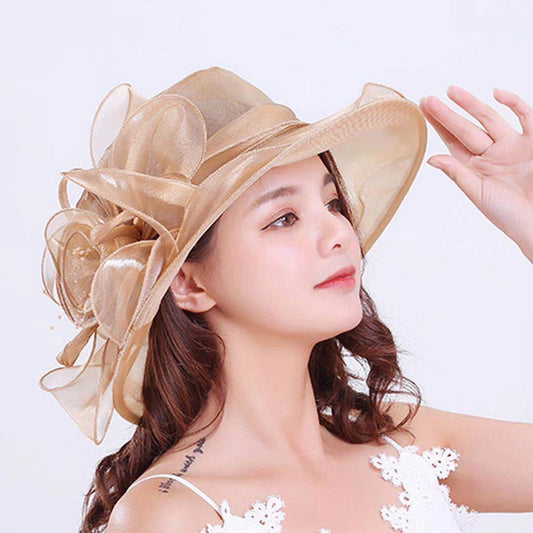 Women's Gauze Flower Wide Brim Hat