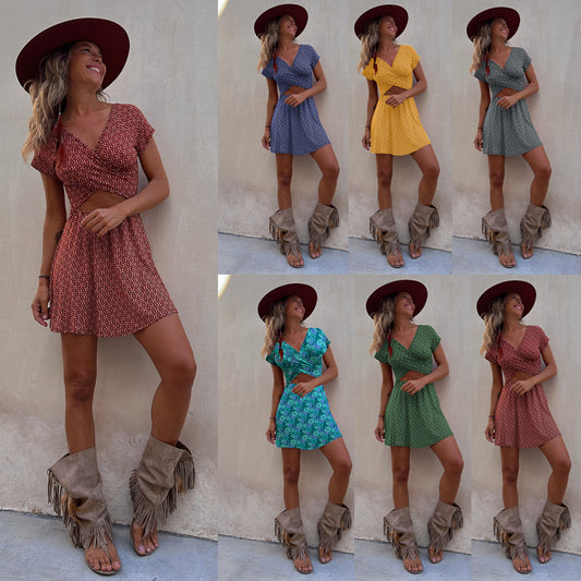 Short-sleeved Printed Short Dress