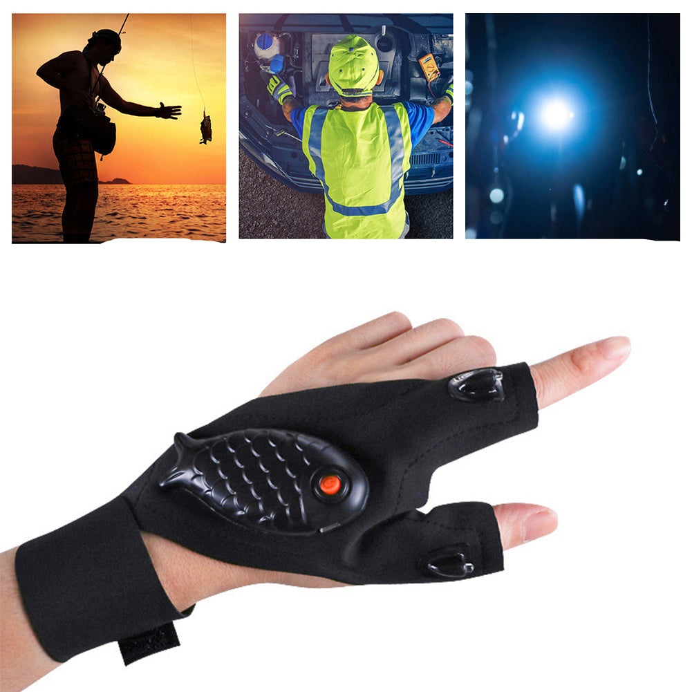 Glove with LED lights in various settings including night fishing, maintenance, and riding.