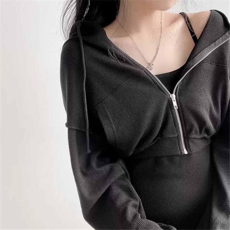 Women Solid Set High Waist Slim Mini Dress Hooded Zipper Short Long Sleeve Sweater Cardigan Suit