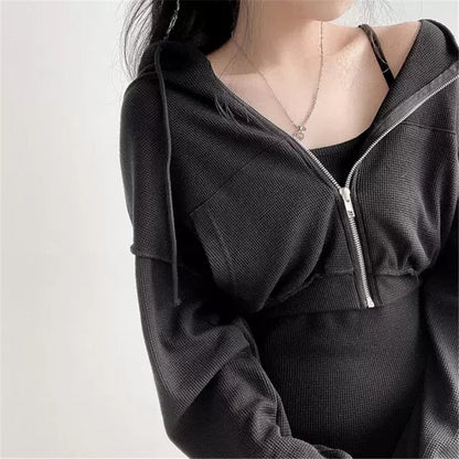 Women Solid Set High Waist Slim Mini Dress Hooded Zipper Short Long Sleeve Sweater Cardigan Suit