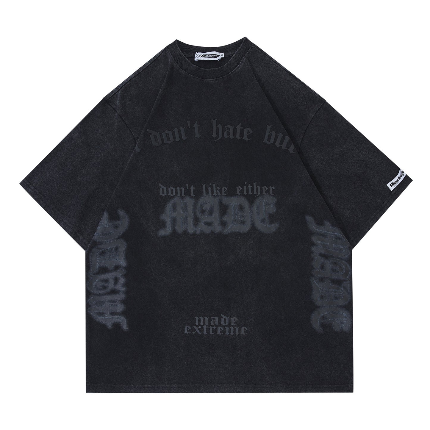 Black oversized t-shirt with text on a white background
