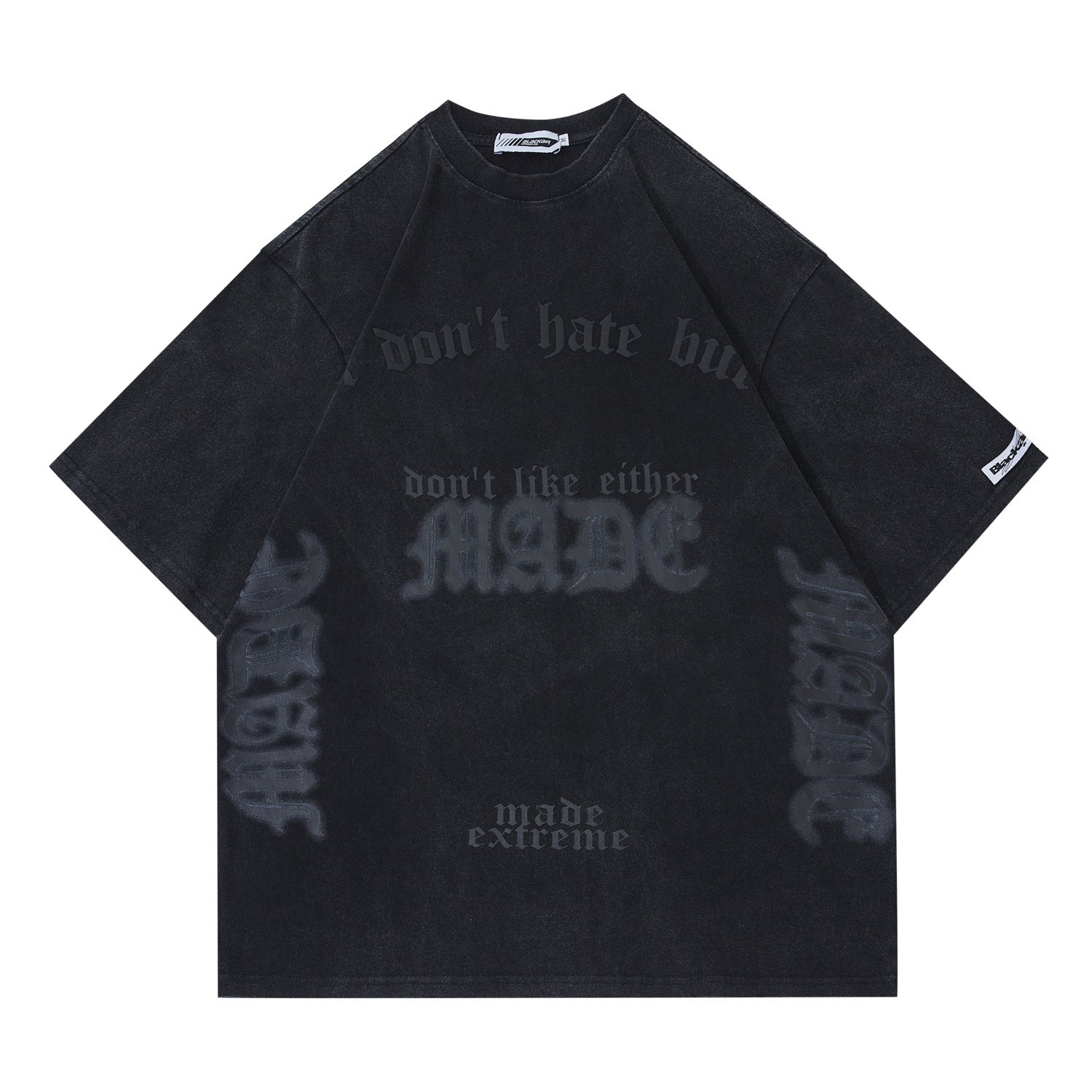 Black oversized t-shirt with text on a white background