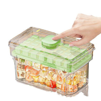 Clear container with green lid holding gummy candies, hand pressing on lid.