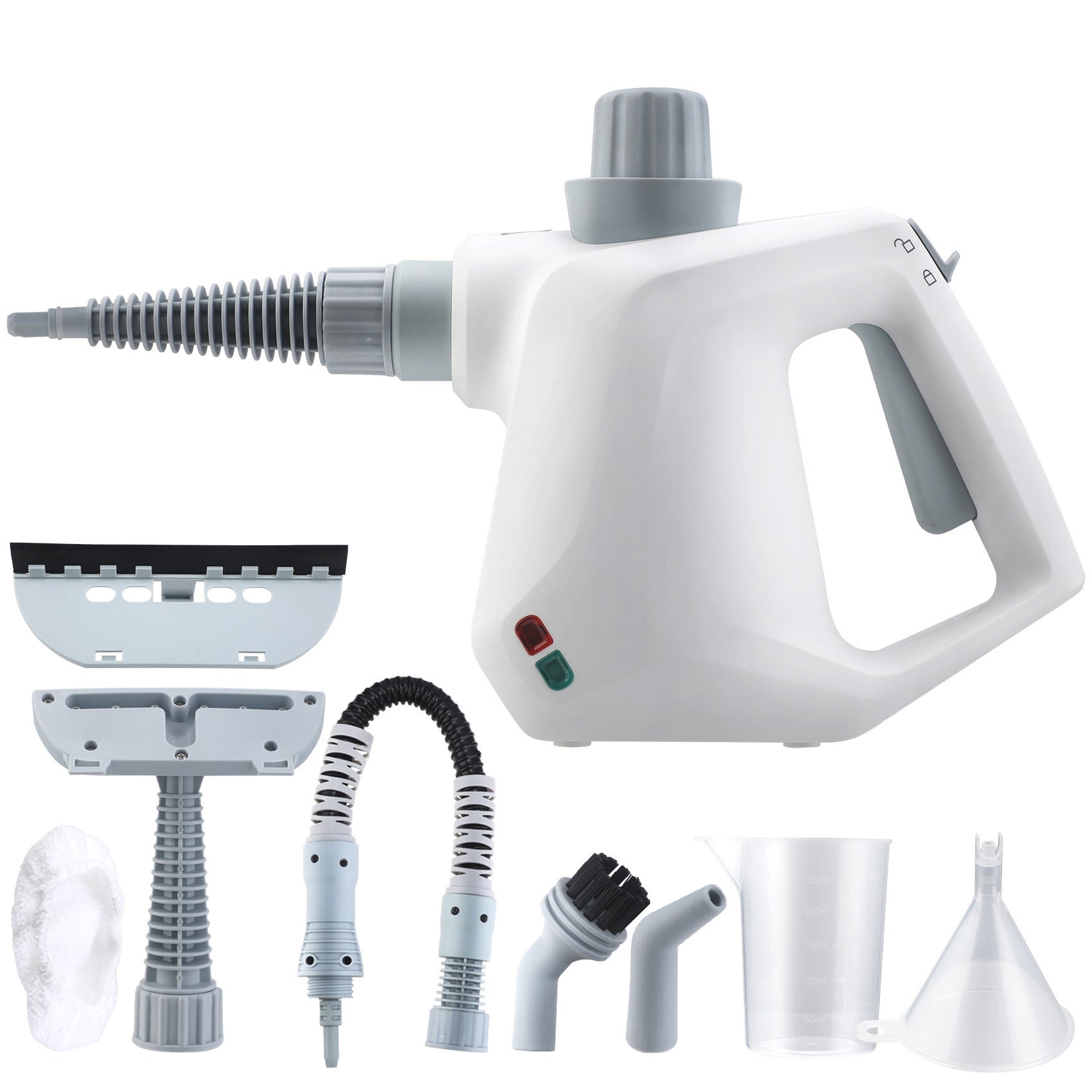 White handheld cleaning device with various attachments on a white background