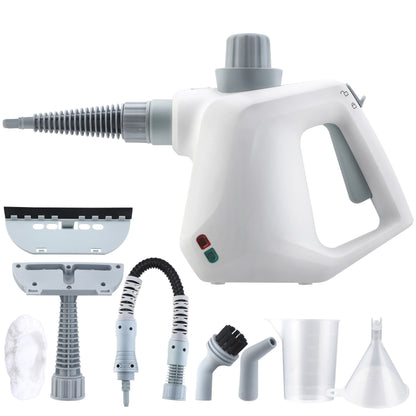 White handheld cleaning device with various attachments on a white background
