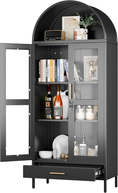 Metal Arched Display Cabinet With Lock, Modern Arch Kitchen Pantry Storage Cabinet With Glass Doors 1 Drawer For Living Room, Bookshelf, Assembly Required Black
