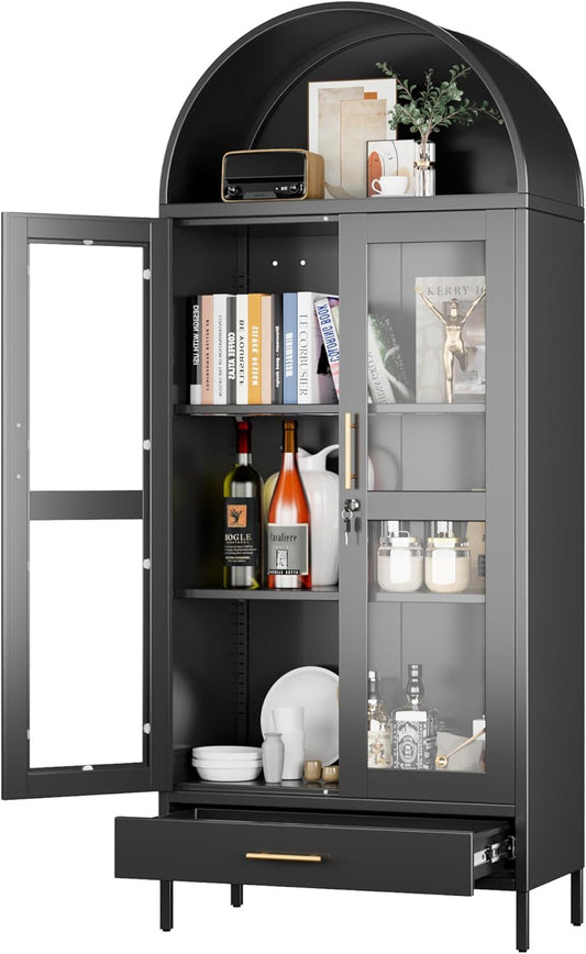 Metal Arched Display Cabinet With Lock, Modern Arch Kitchen Pantry Storage Cabinet With Glass Doors 1 Drawer For Living Room, Bookshelf, Assembly Required Black