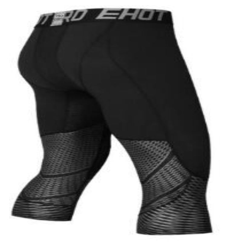 A black long sleeve men's compression shirt with blue geometric patterns on the back.