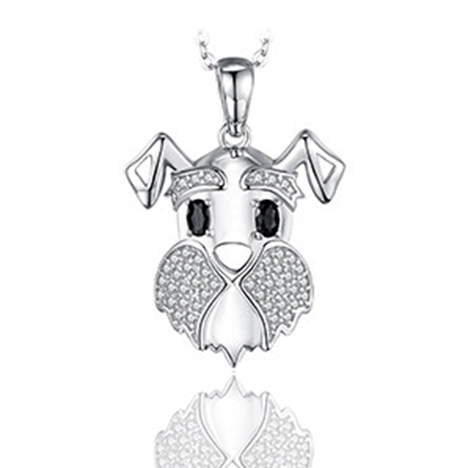 Silver dog-shaped pendant with black eyes on a white background