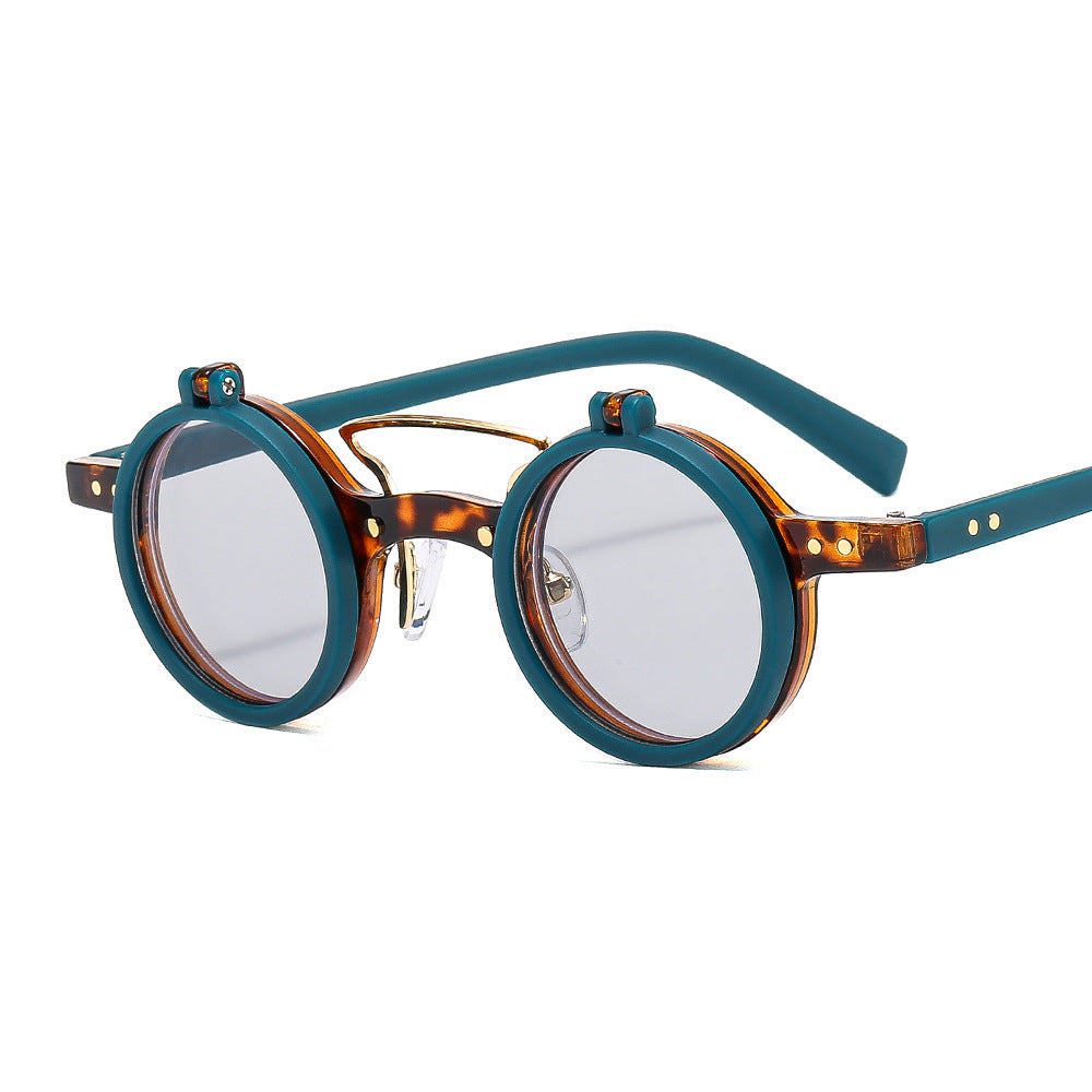 Round eyeglasses with a combination of blue and tortoiseshell frames on a white background