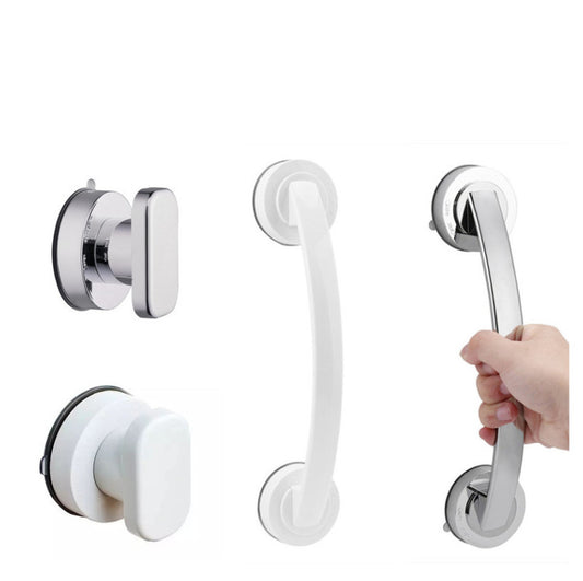 Set of bathroom grab bars with a hand holding one, on a white background