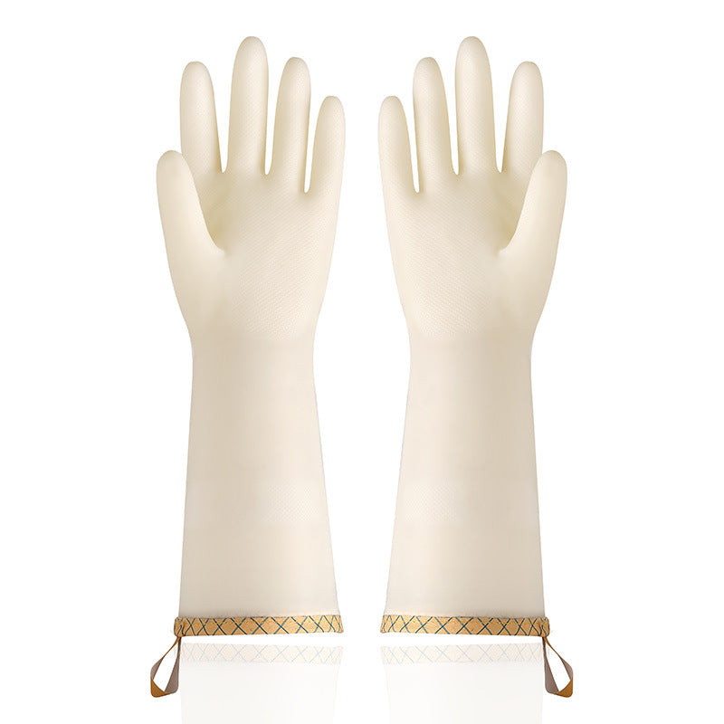 Pair of white gloves with gold wristbands on a white background