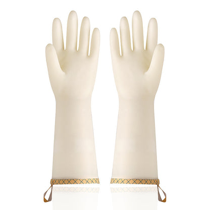 Pair of white gloves with gold wristbands on a white background