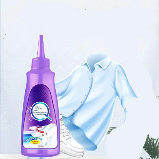 A bottle of Active Enzyme Laundry Detergent with a blue shirt in the background, highlighting four product advantages.