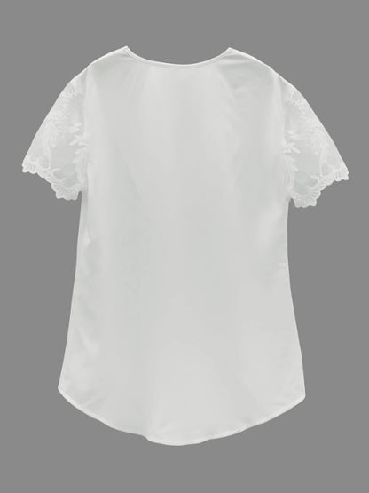 Contrast Lace Tucked Blouse, Casual V Neck Short Sleeve Blouse