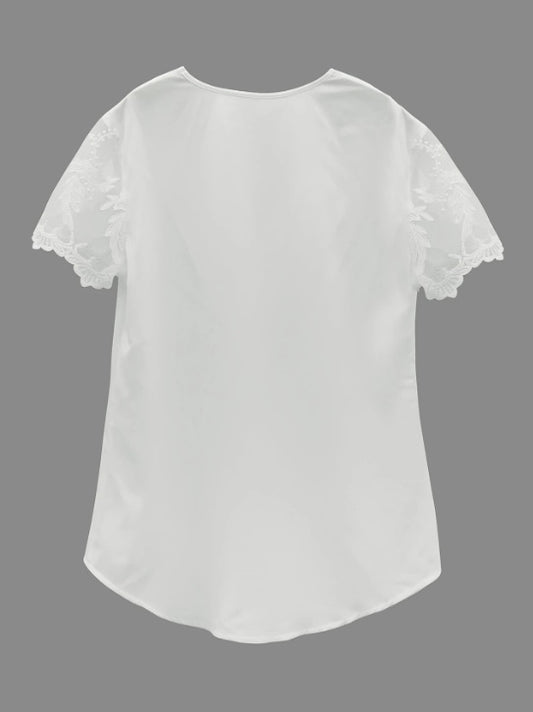 Contrast Lace Tucked Blouse, Casual V Neck Short Sleeve Blouse