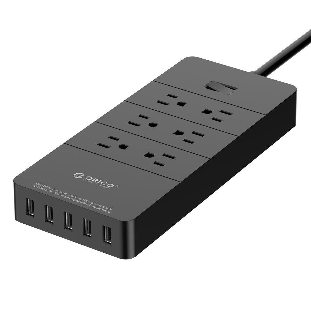 Black power strip with multiple outlets and USB ports on a white background