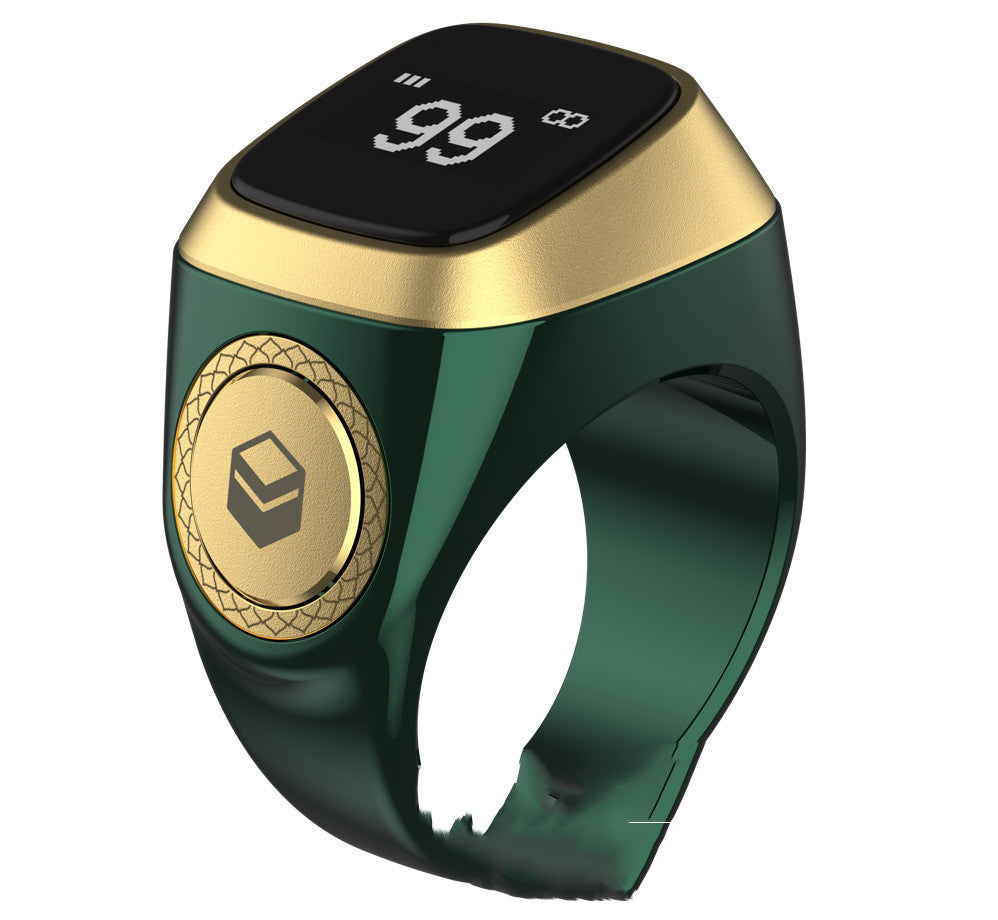 Green and gold smartwatch with digital display on a white background