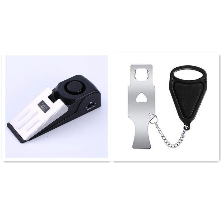Set of personal safety devices including a black alarm, metal keychain, and black case on a white background.