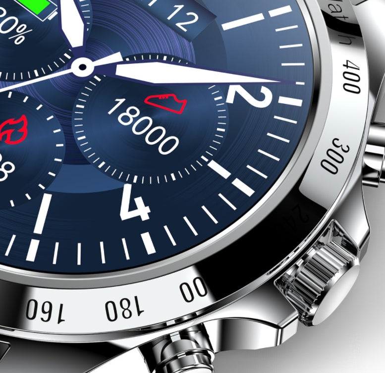 Close-up of a watch with a blue face and silver case on a light gray background