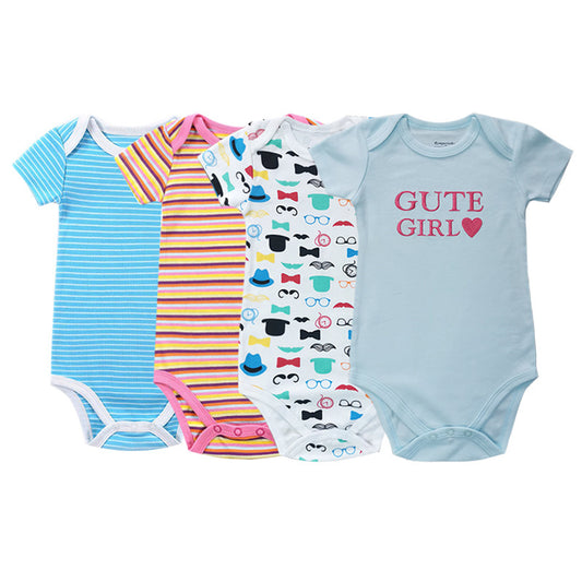 Four baby bodysuits with different designs on a white background