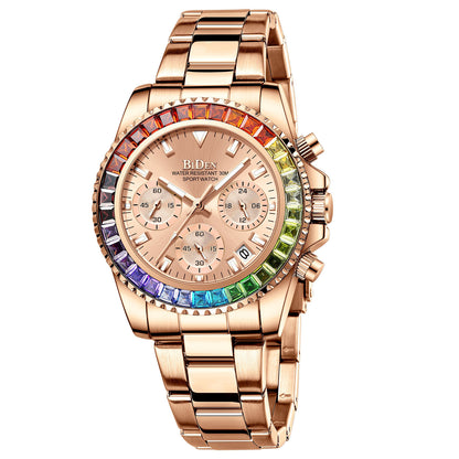 Fashion Steel Band Colored Diamond Ladies Watch