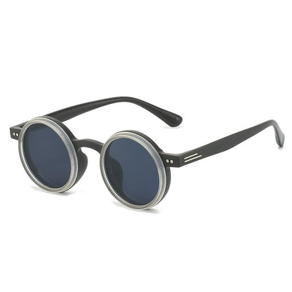 Round sunglasses with black frames and gray lenses on a white background.