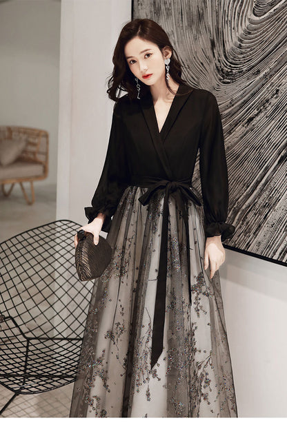 Black Evening Gown Women's Long Host Performance Formal Dress