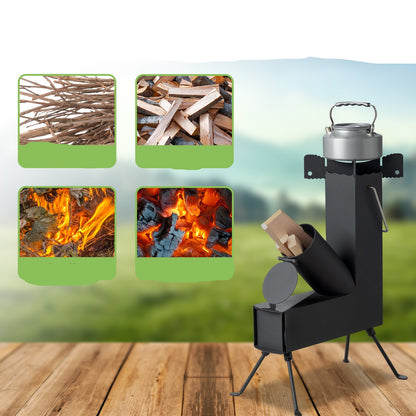 Black portable stove with a kettle on top, surrounded by images of firewood, dead tree branches, withered leaves, and charcoal.