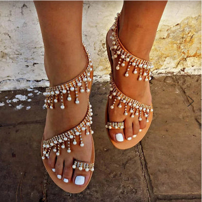 Women Sandals Flat Pearl Comfortable String Bead Slippers