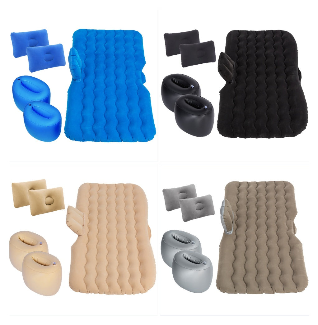 Collection of inflatable travel mats and accessories in blue, black, beige, and gray on a white background.
