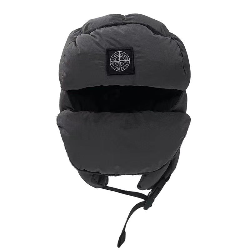 Dark gray winter hat with a brand logo on a white background