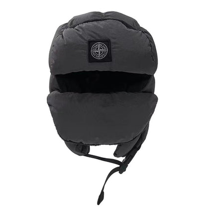 Dark gray winter hat with a brand logo on a white background