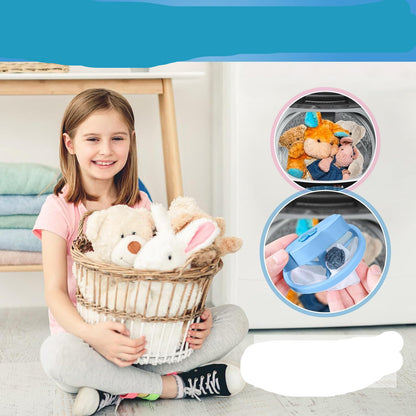 Girl holding a basket of stuffed animals with text about keeping clothes fresh and bright.