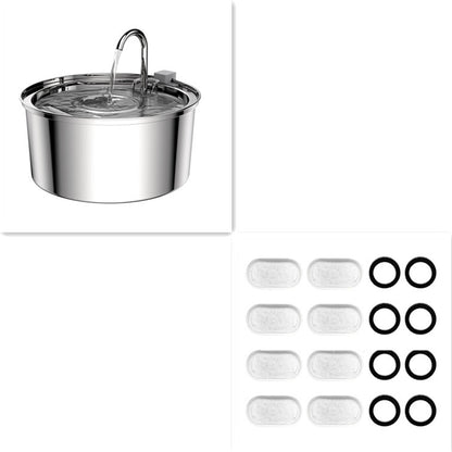 Stainless steel pet water bowl with additional parts on a white background