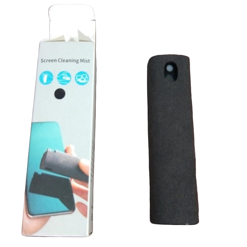 Screen cleaning mist device and packaging on a brown surface