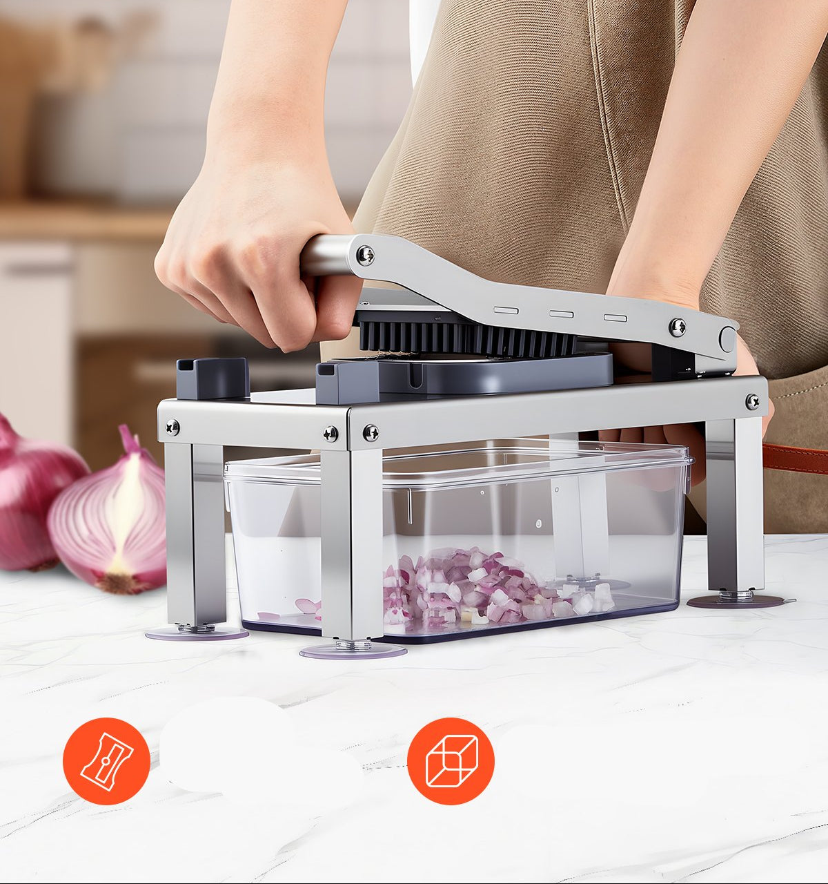 Person using a kitchen chopper with a transparent container on a kitchen counter.