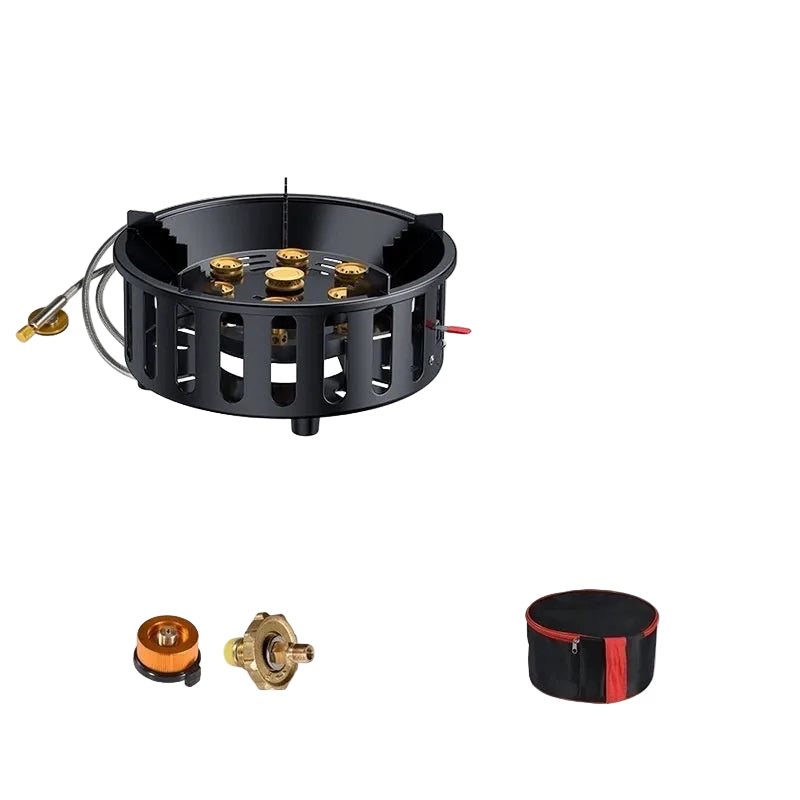 Seven-star stove with gas canister adapter, gas conversion head, and storage bag on a yellow background.