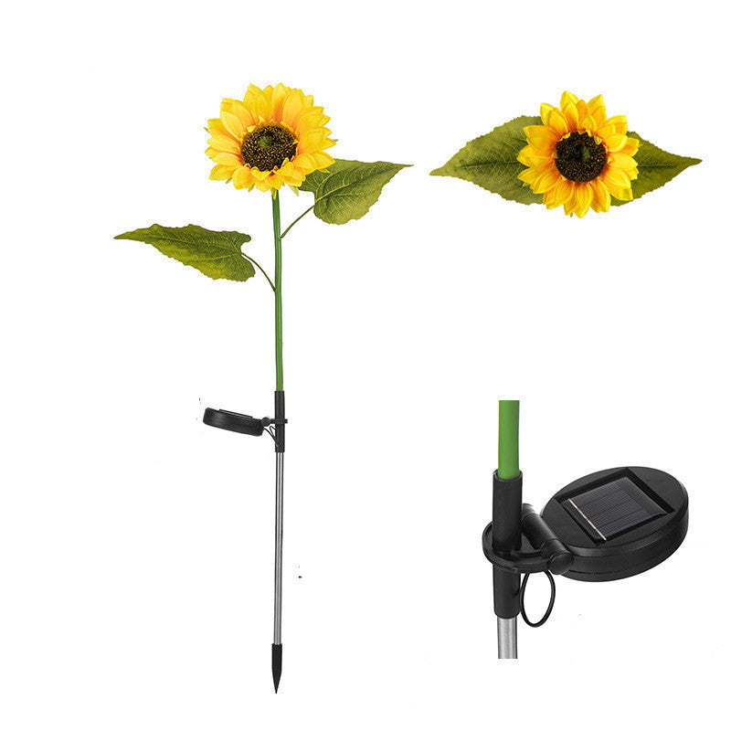 Solar-powered sunflower stake with measurements on a white background