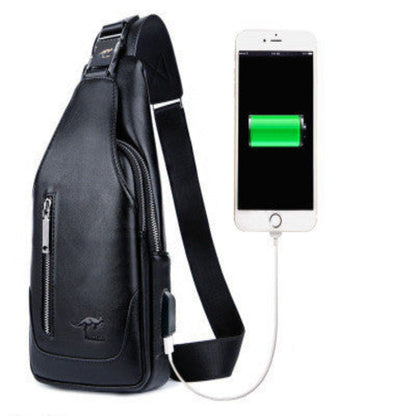 Black sling bag with USB cable charging a smartphone, showing battery level.