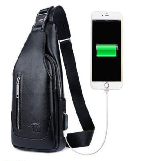 Black sling bag with USB cable charging a smartphone, showing battery level.
