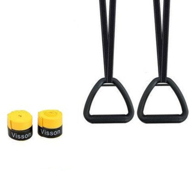 Black exercise straps with yellow ends and 'Visson' branding on a white background.