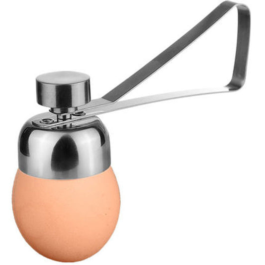 Egg-shaped kitchen tool with a metal handle on a white background