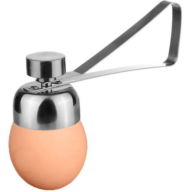 Egg-shaped kitchen tool with a metal handle on a white background