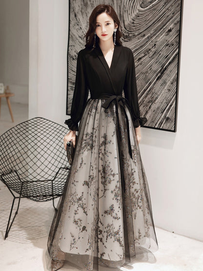 Black Evening Gown Women's Long Host Performance Formal Dress