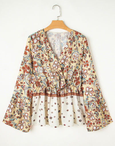 Yellow Printed Floral Bell Sleeve V Neck Wrapped Contrast Peplum Blouse