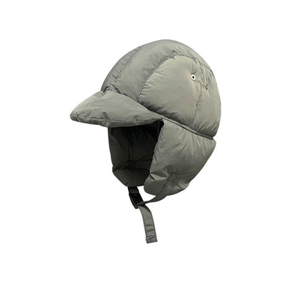Gray winter helmet with ear flaps on a white background