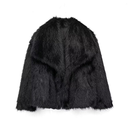 Black faux fur coat on a white background