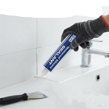 Person applying sealant to a tiled wall with text 'Efficient Repair Solution' above.